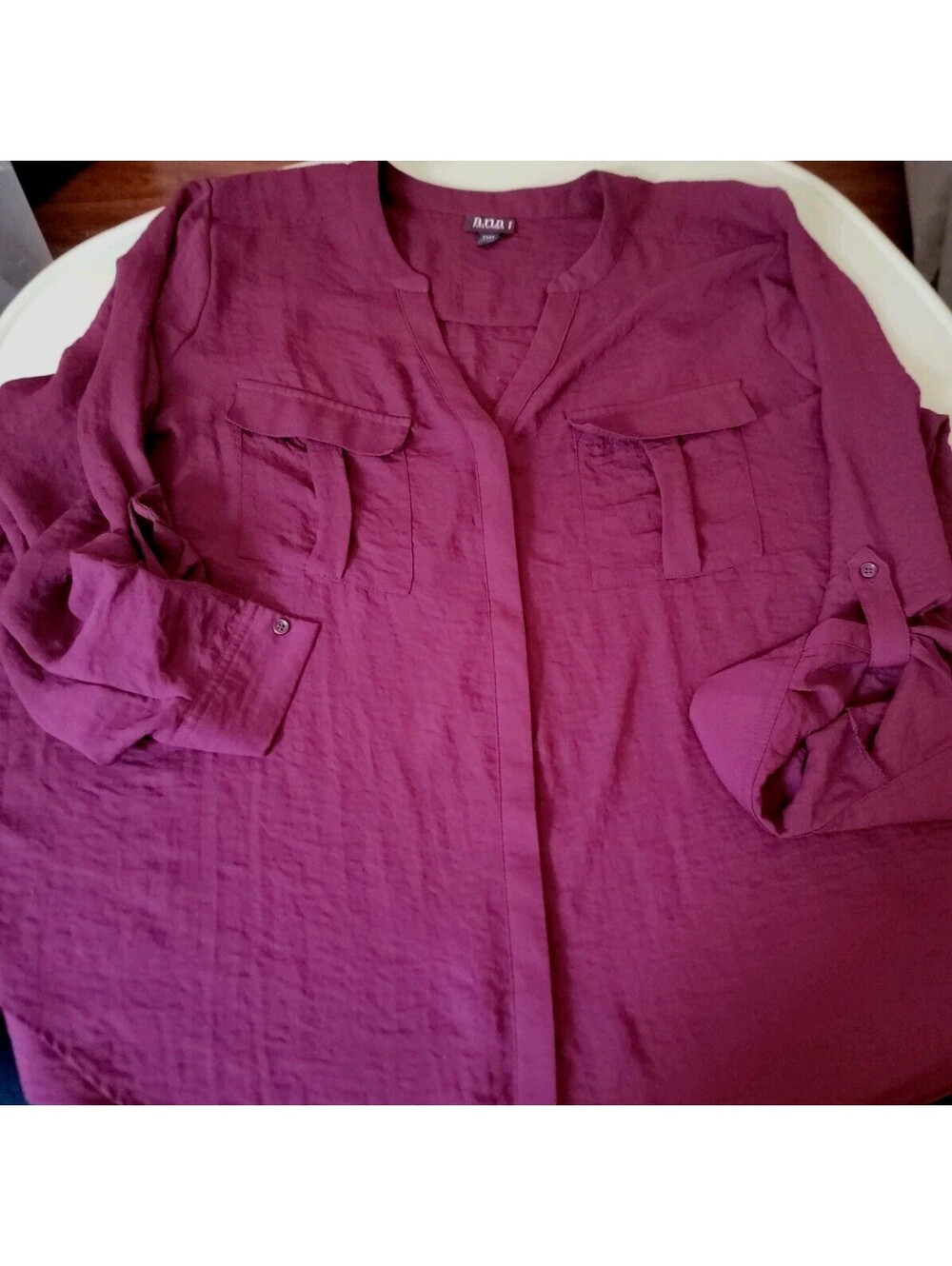 a.n.a Burgundy Solid V-Neck Roll Tab 3/4 Sleeve Pullover Blouse Women's P-XXL